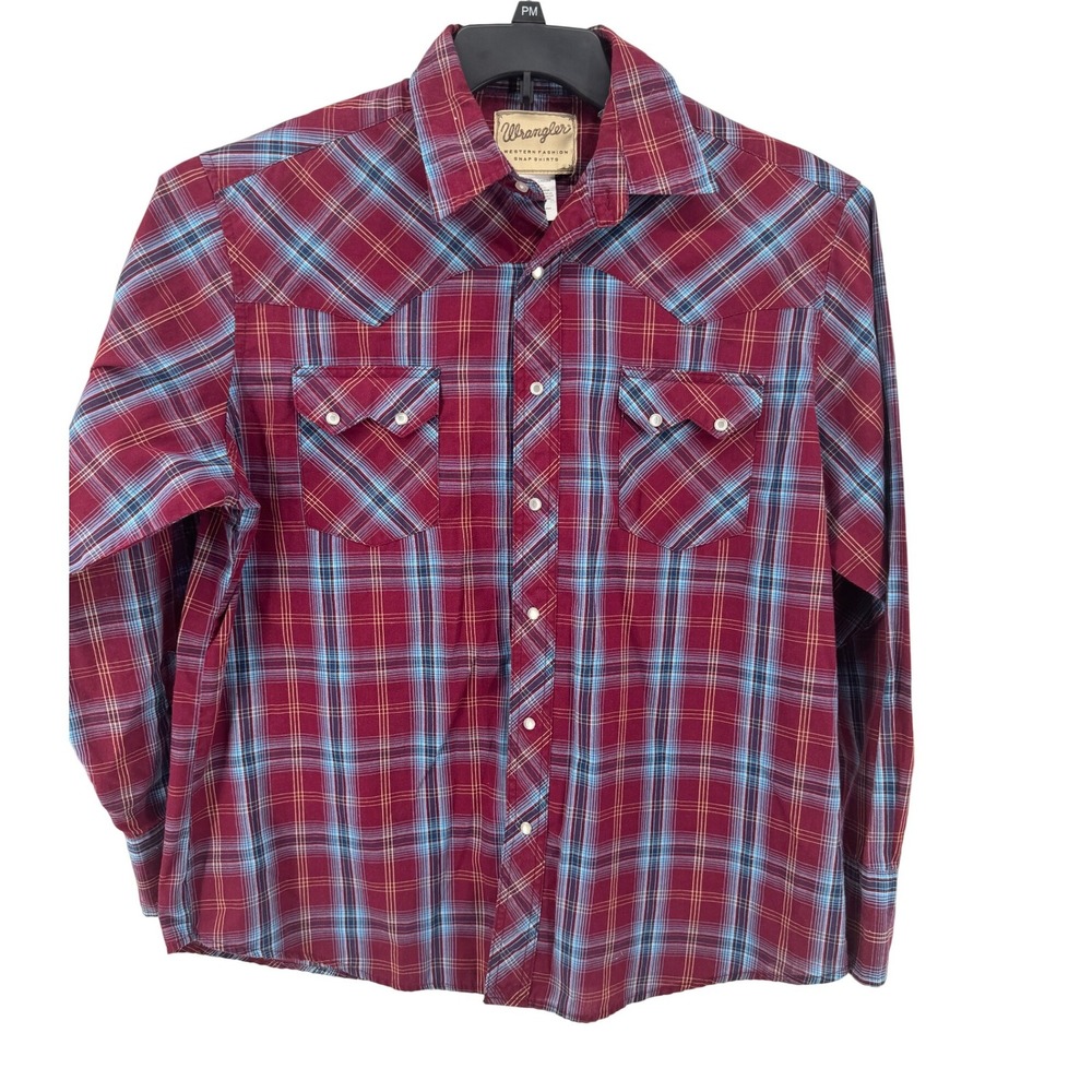 Wrangler Western Pearl Snap Shirt Mens XL Burgundy Blue Plaid Double Yoke Long S
